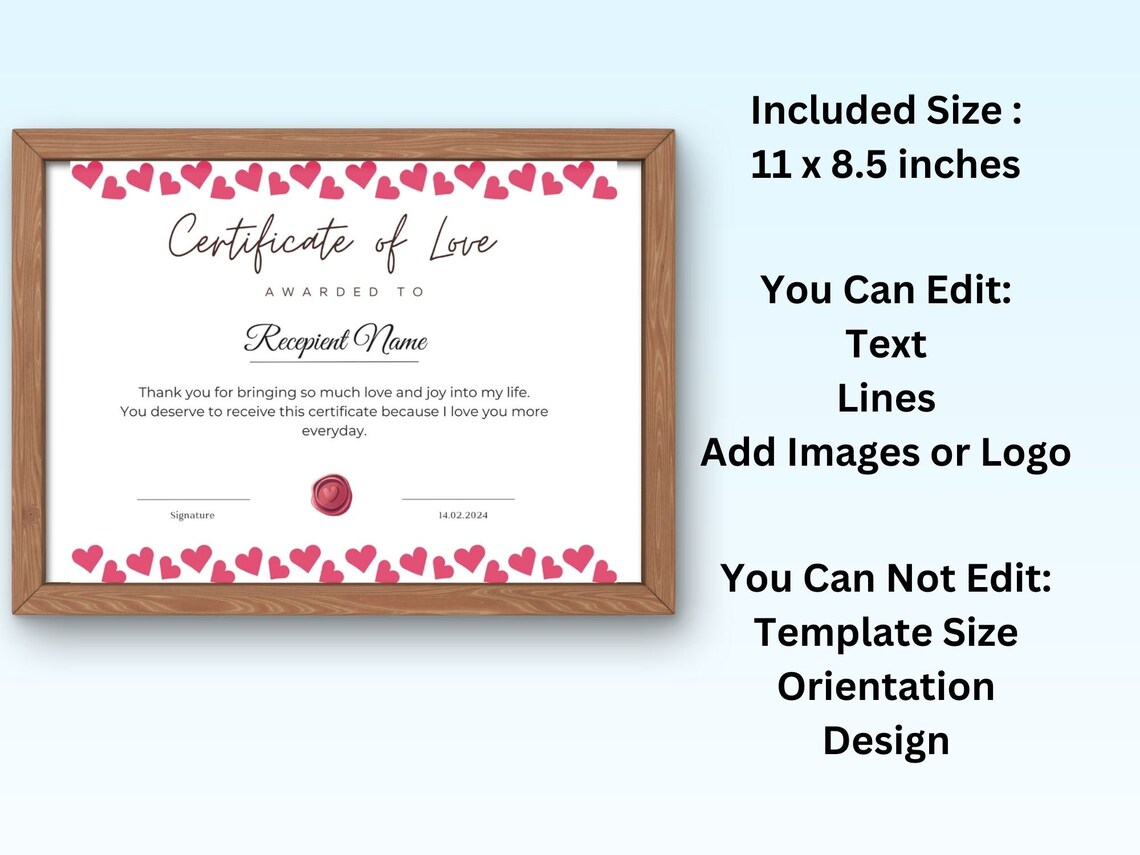 Certificate of Love Gift Award Hearts Border Printable Print - Image 7