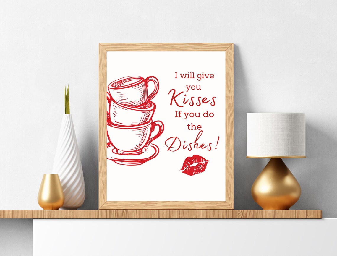 I Will Give You Kisses If You Do The Dishes Red Kitchen Poster - Image 6