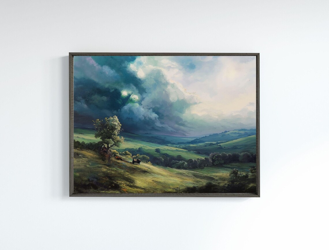 Stormy Green Hills Moody Vintage Landscape Oil Painting Poster - Image 7