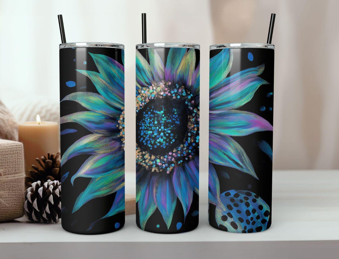 Iridescent Blue Sunflower Black Background Tumbler Wrap Design Print - Image 7