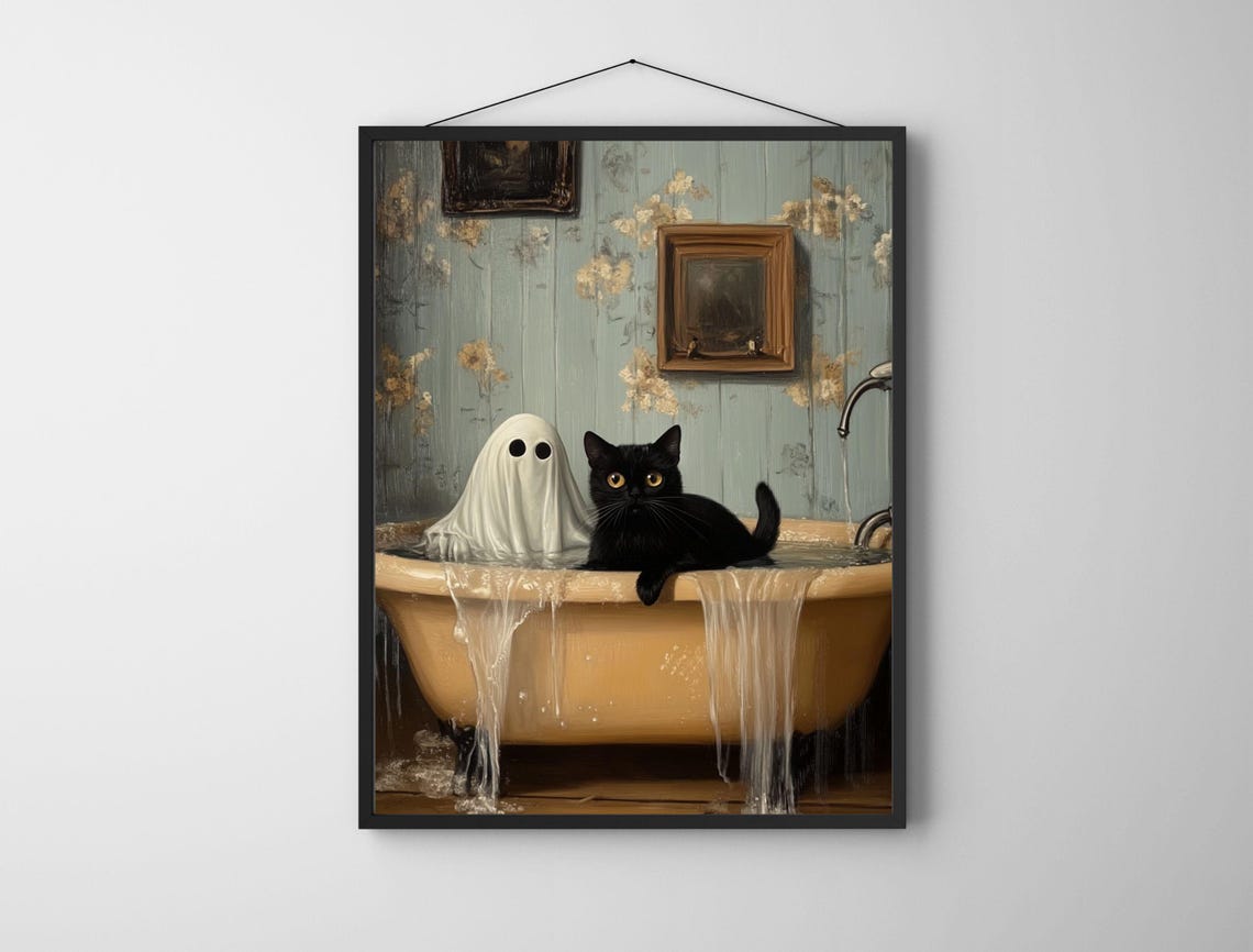 Black Cat and a Cute Ghost in a Spooky Overflowing Bathtub Poster - Image 5