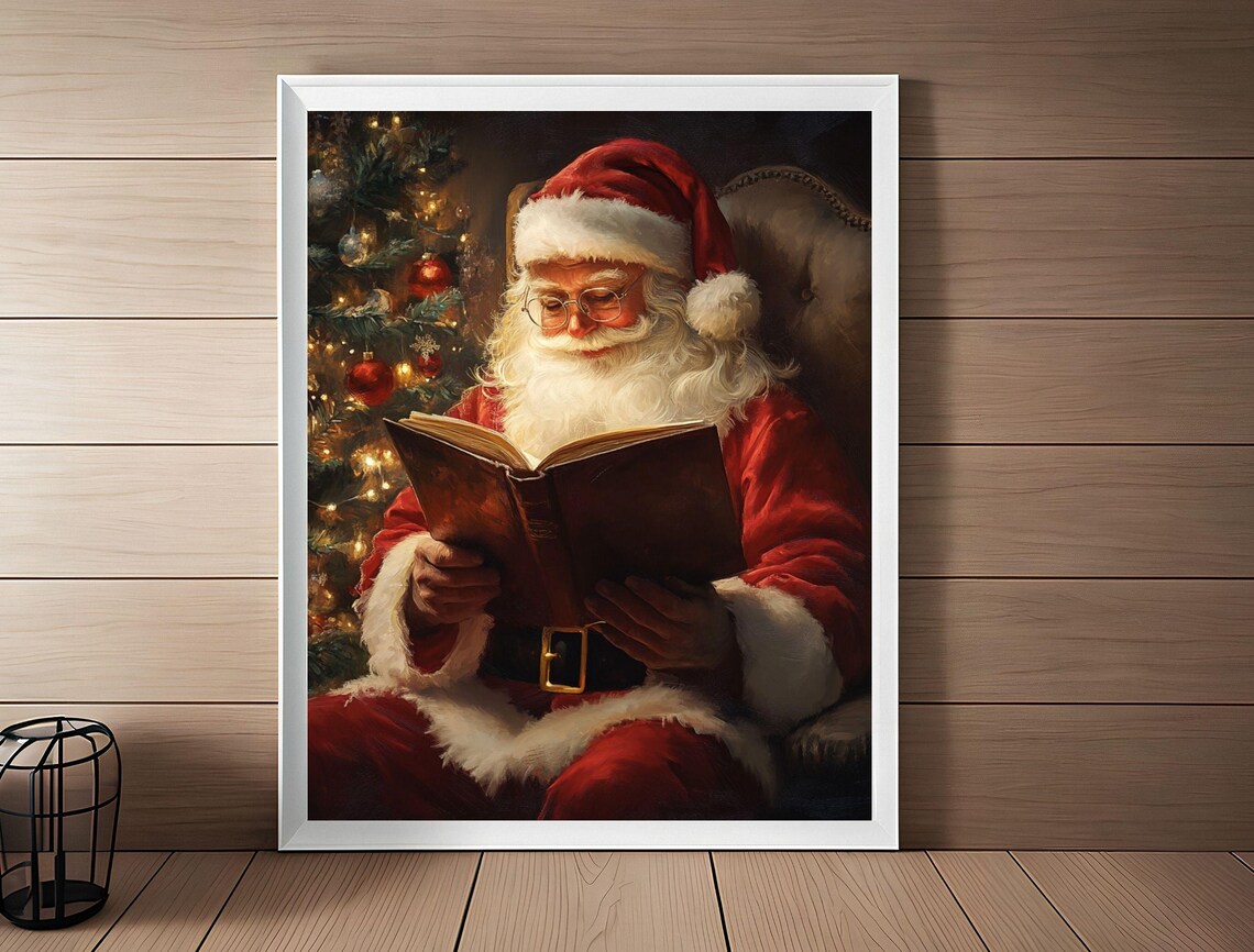 Santa Claus Reading Book by Christmas Tree Cozy Holiday Poster - Image 3