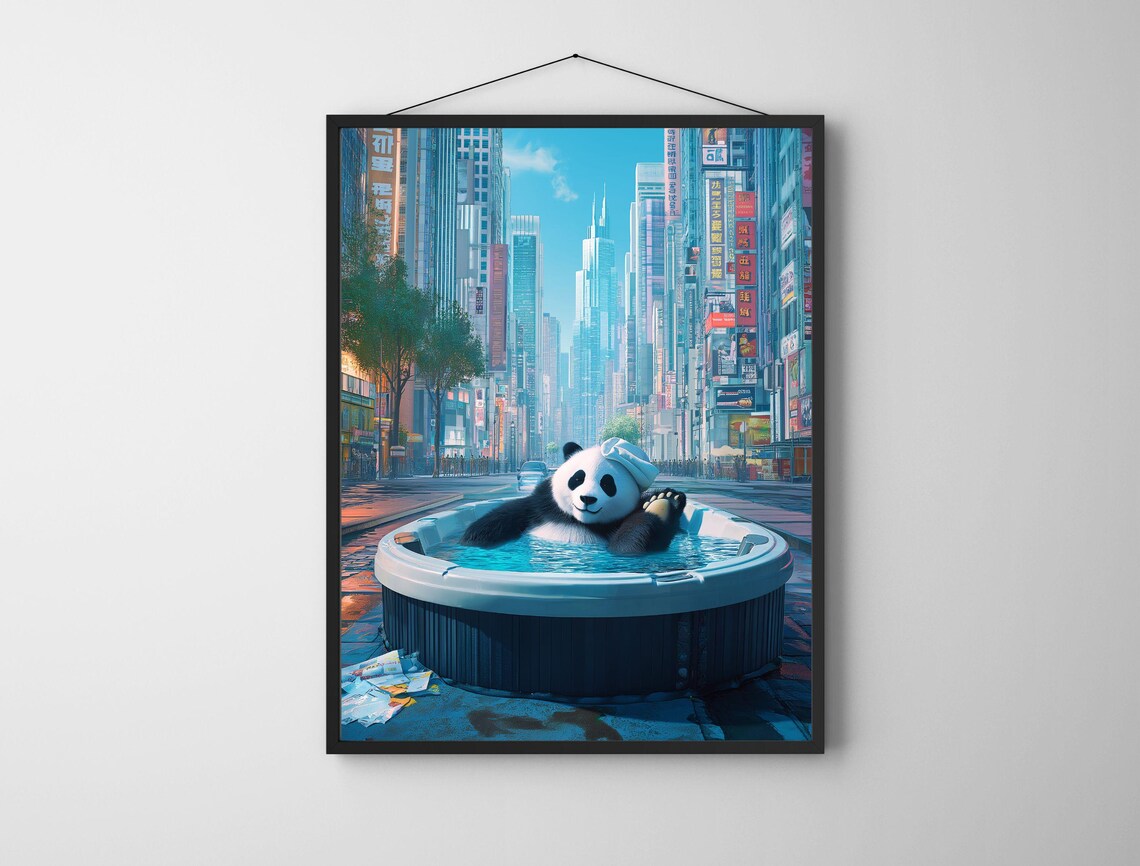 Funny Giant Panda Hot Tub City Street Surreal Whimsy Art Print - Image 6