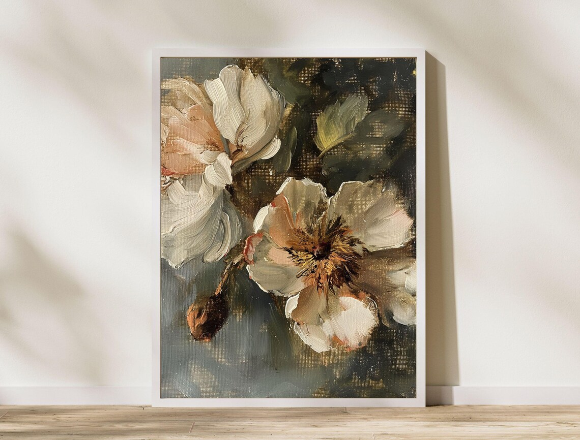 Vintage Cream Peony Flower Impasto Oil Painting Dark Art Print - Image 8