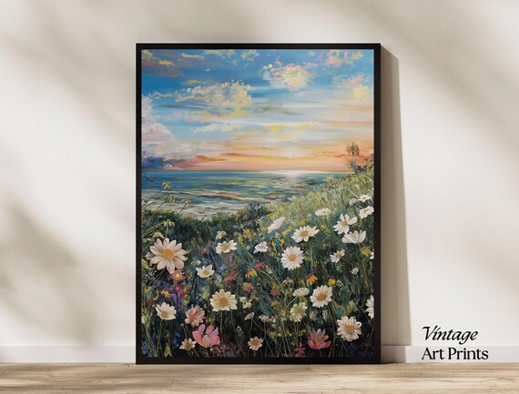 Sunset Meadow Wildflower Field Daisy Painting Coastal Summer Art Poster