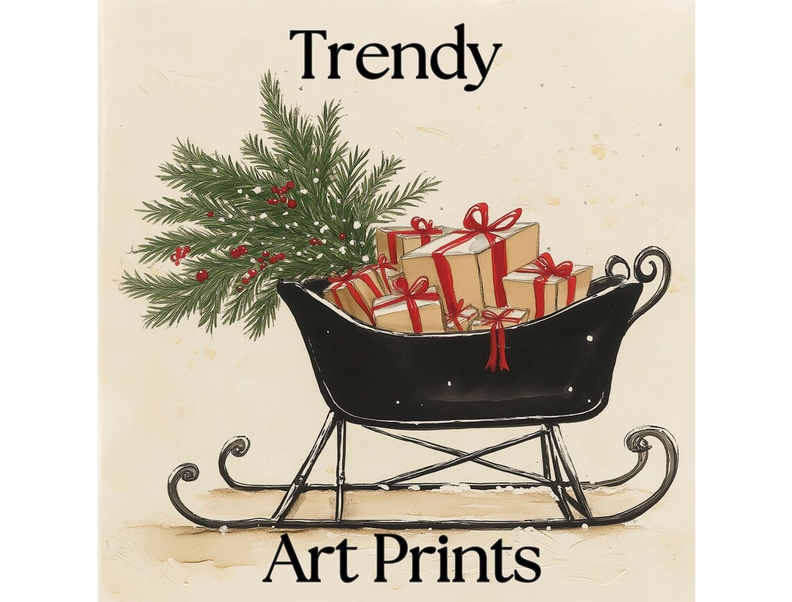 Vintage Black Sleigh Loaded With Gifts and Pine Christmas Poster - Image 4