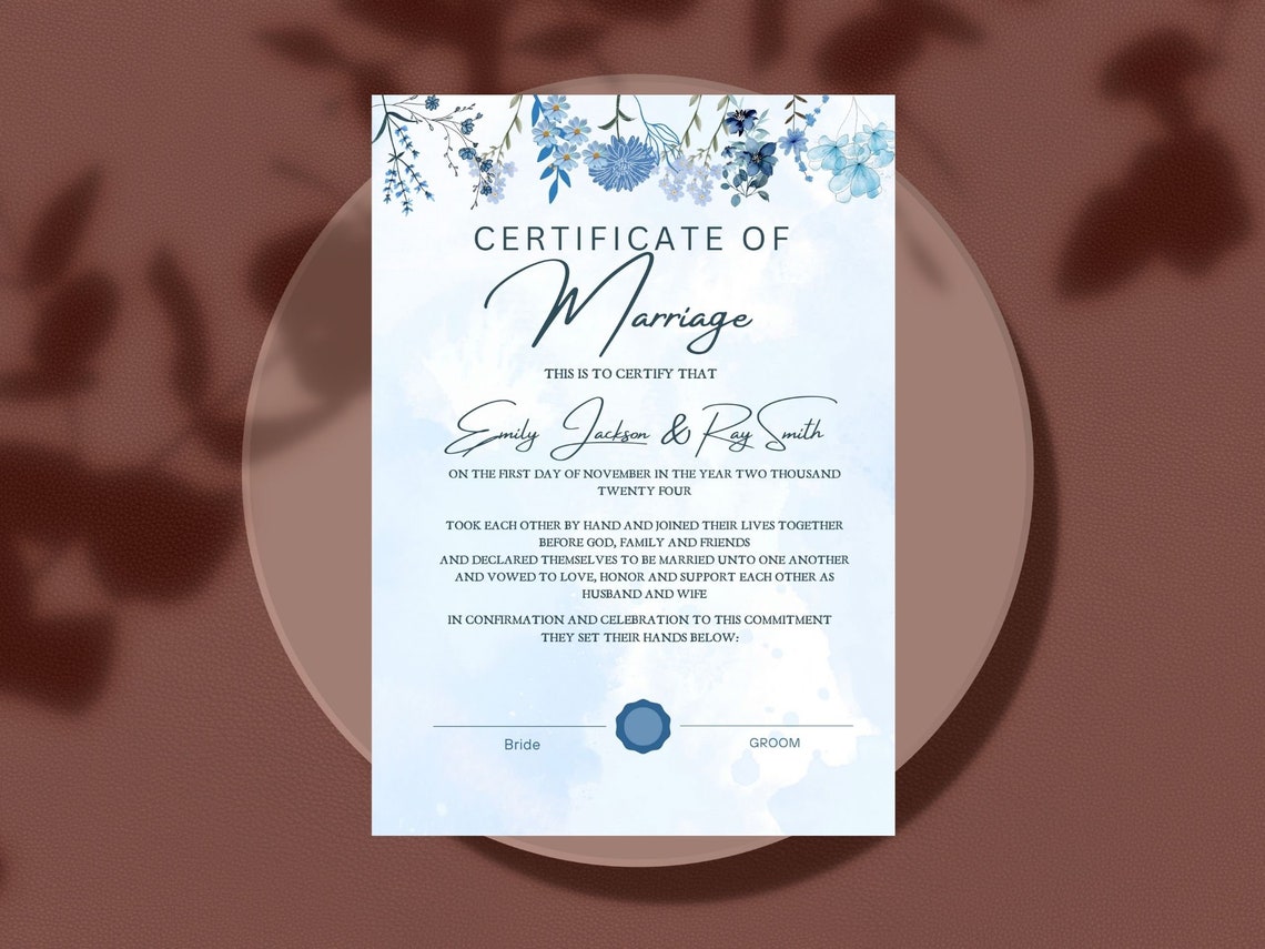 Marriage Certificate Template Blue Floral Watercolor Keepsake Print - Image 4