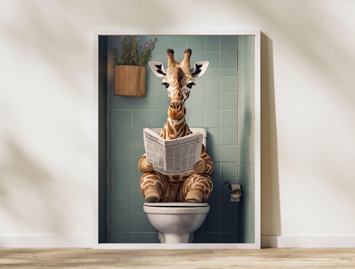 Funny Giraffe Toilet Newspaper Tiled Bathroom Humor Art Print - Image 7