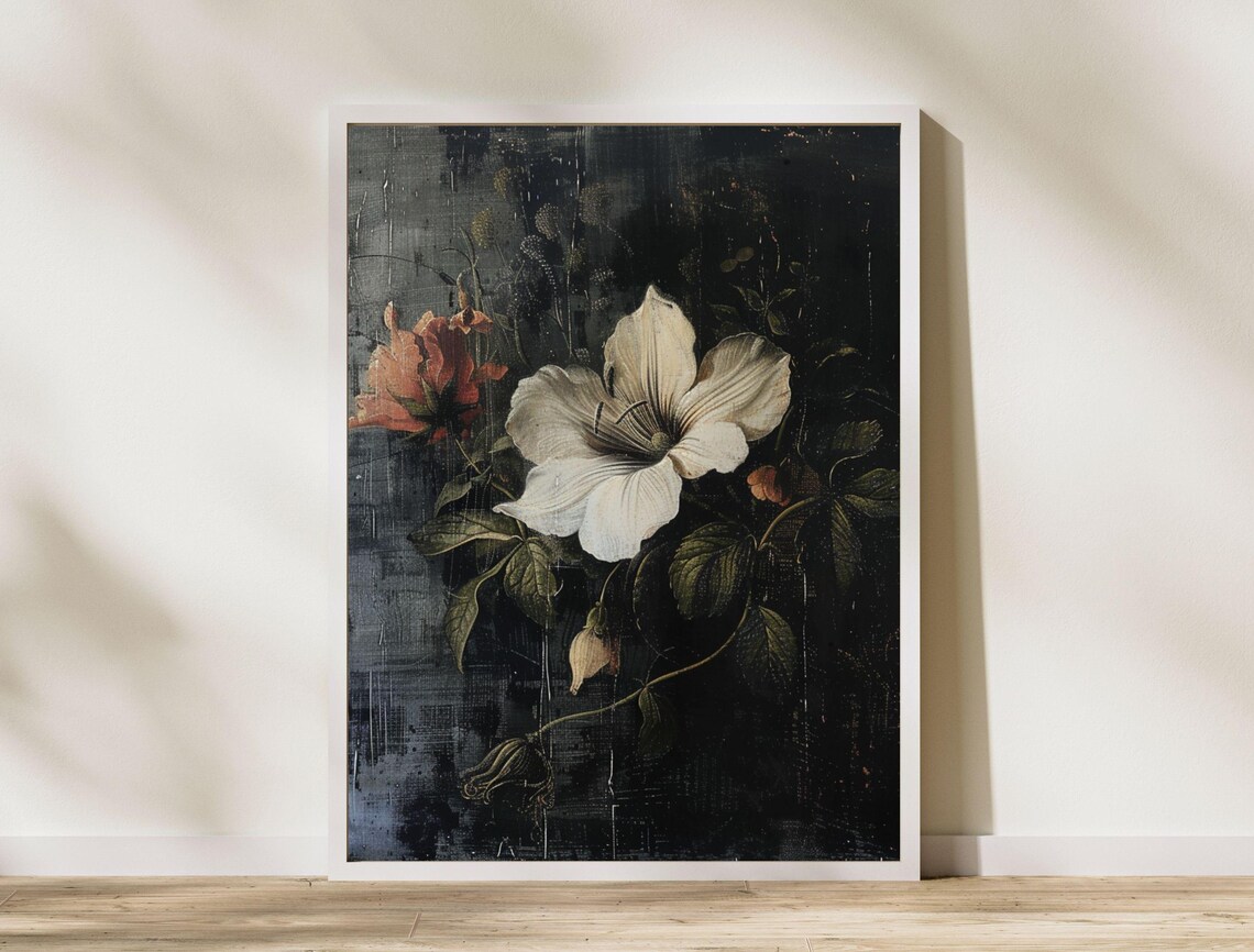 Dark Moody White Lily Bloom Vintage Floral Oil Painting Art Print - Image 7