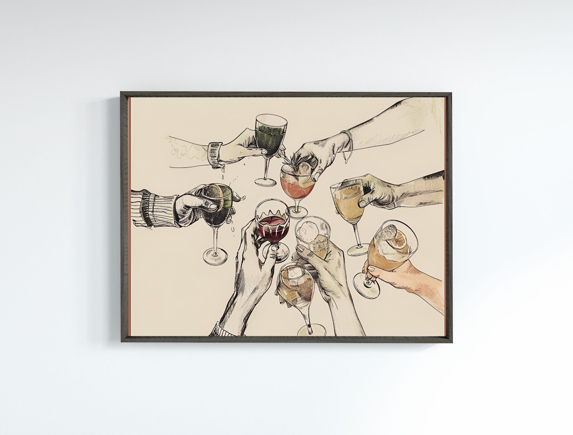 Cheers Toasting Wine Glasses Sketch Bar Cart Celebration Art Poster - Image 7