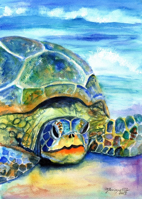 Sea Turtle Kauai Hawaii Art Print, Nautical Nursery