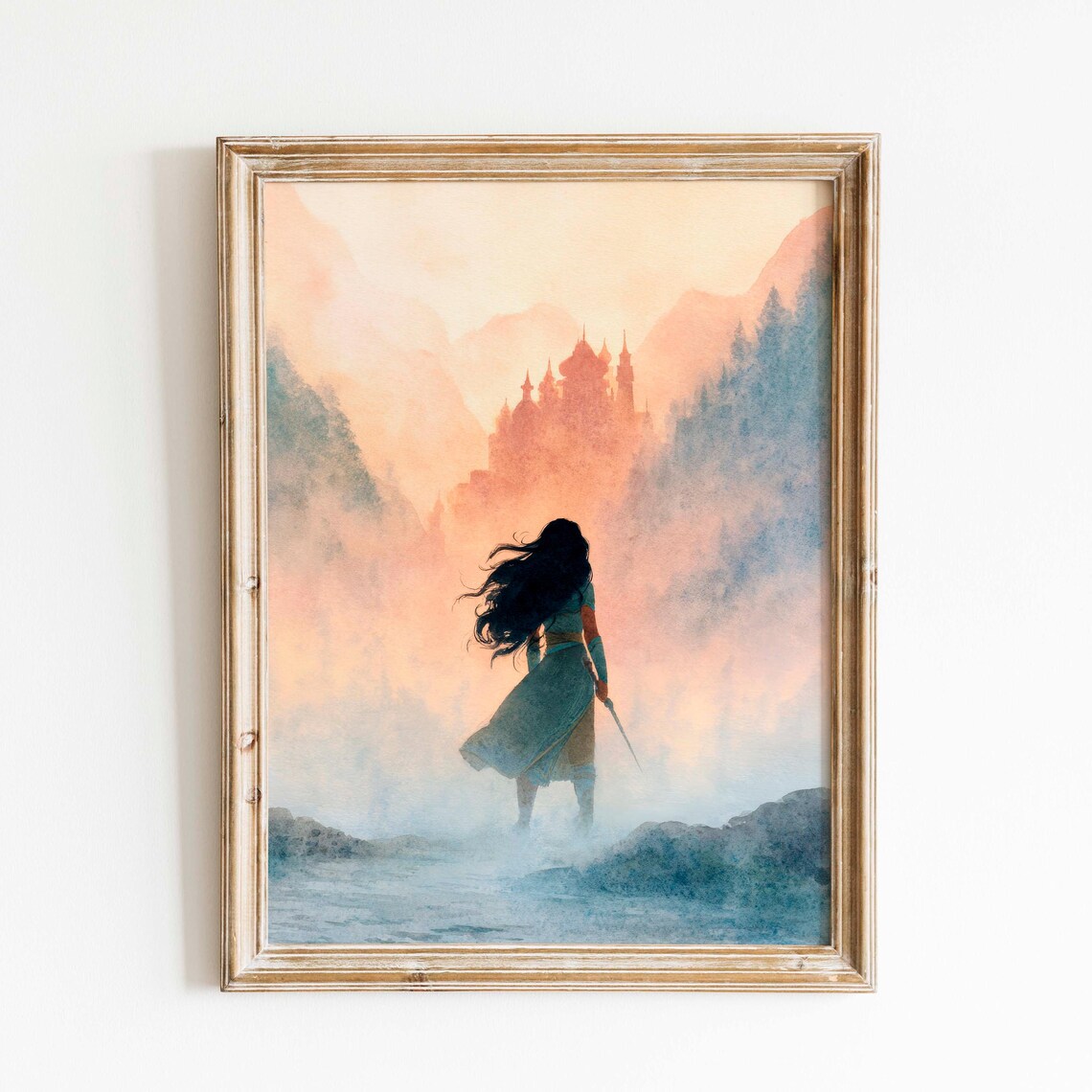 Sword Bearing Warrior Woman Facing Misty Mountain Castle Fantasy Poster
