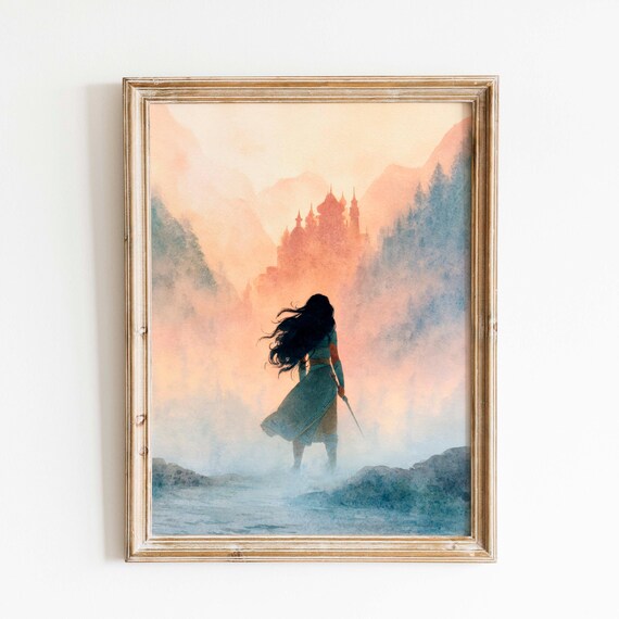 Sword Bearing Warrior Woman Facing Misty Mountain Castle Fantasy Poster