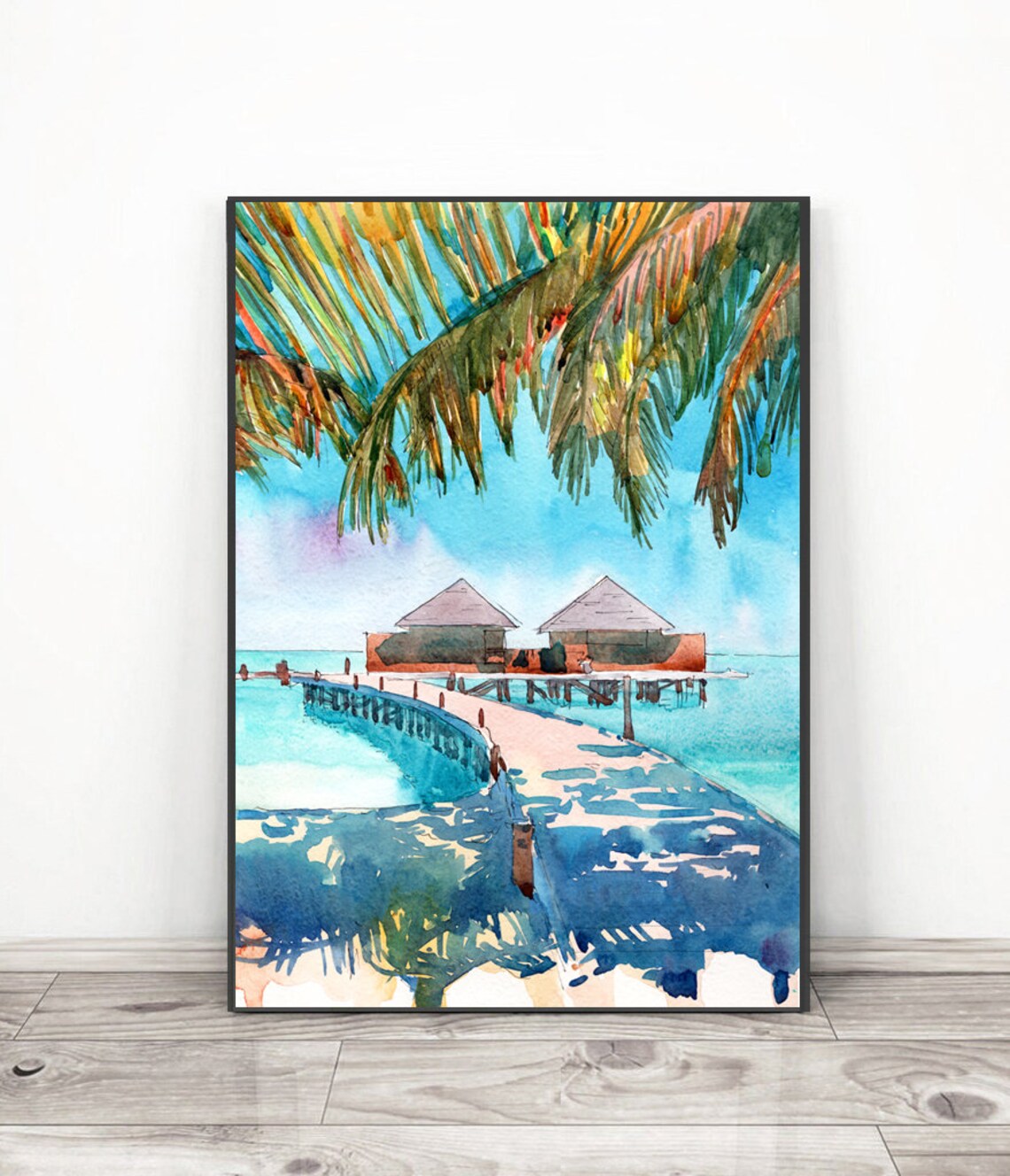 Maldives Travel Poster, Watercolor Beach Landscape