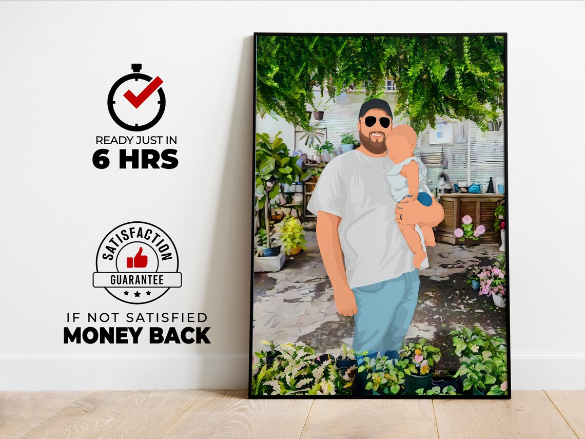 Custom Father and Baby Portrait in Garden Illustration Poster