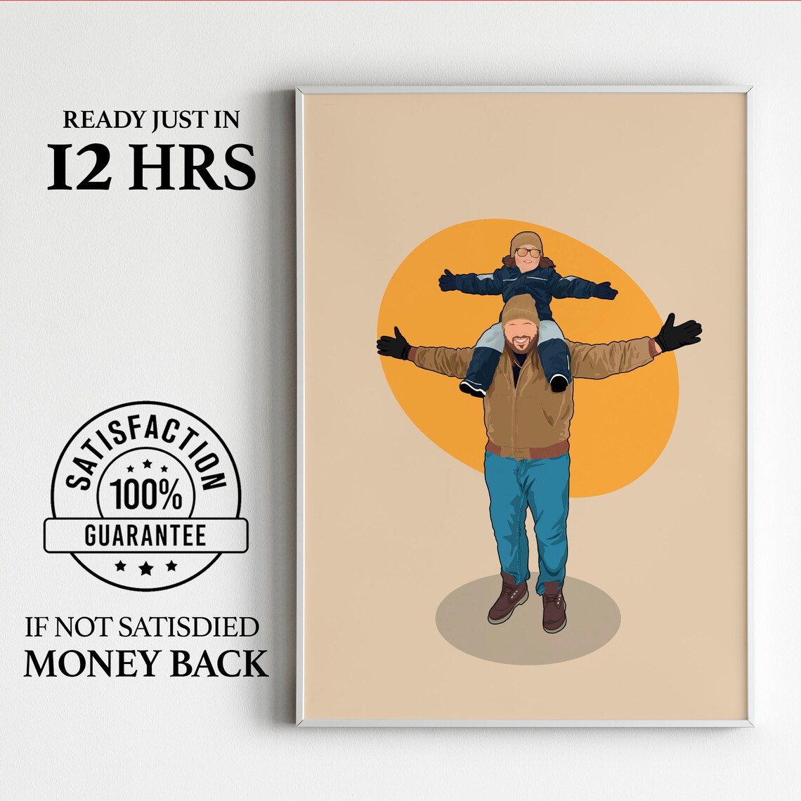 Custom Dad and Kid Shoulder Ride Illustration Orange Sun Poster
