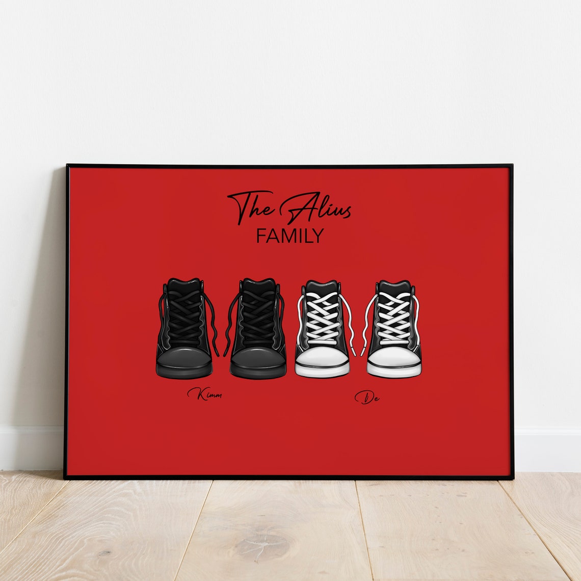 Vibrant Bold Red Family Sneakers Personalized Name Keepsake Print
