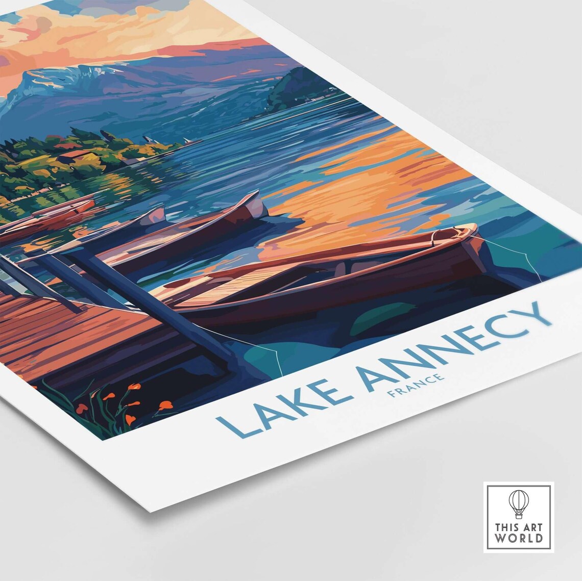 Lake Annecy France Rowboats Dock Mountain Sunset Vintage Travel Poster - Image 4