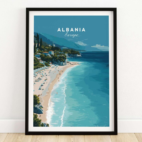 Albania Beach Travel Poster With White Cliffs And Bright Turquoise Sea