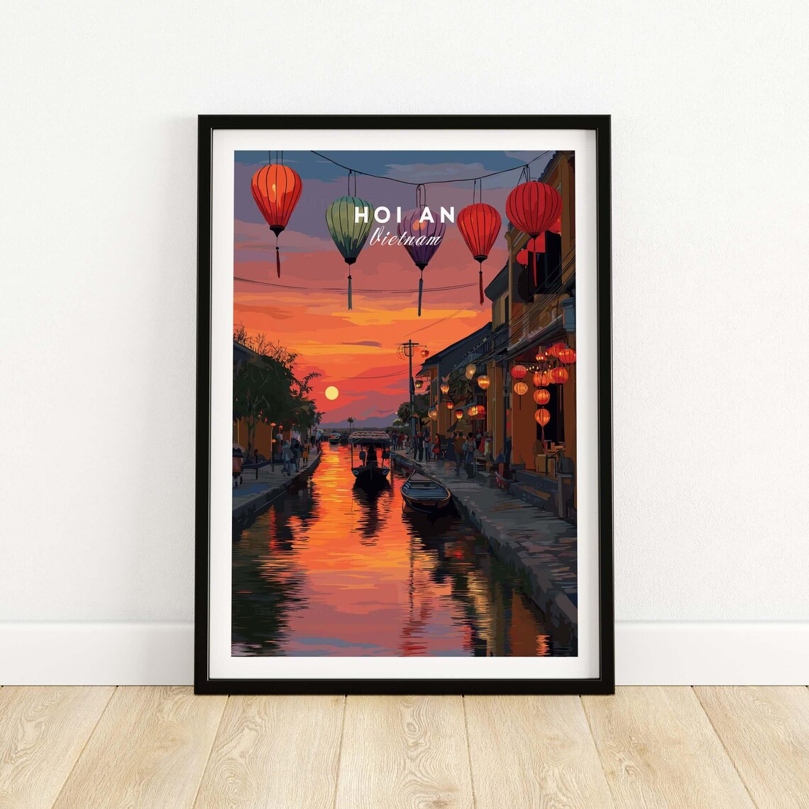 Hoi An Vietnam Sunset Canal and Lanterns Vintage Travel Poster