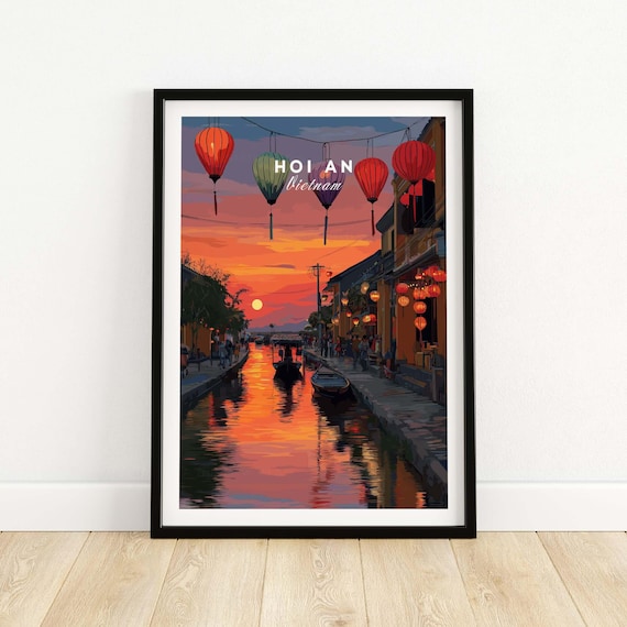 Hoi An Vietnam Sunset Canal and Lanterns Vintage Travel Poster