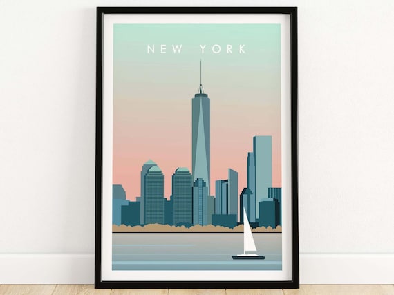 New York Manhattan Travel Poster, NYC Skyline Art