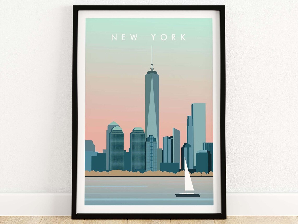 New York Manhattan Travel Poster, NYC Skyline Art