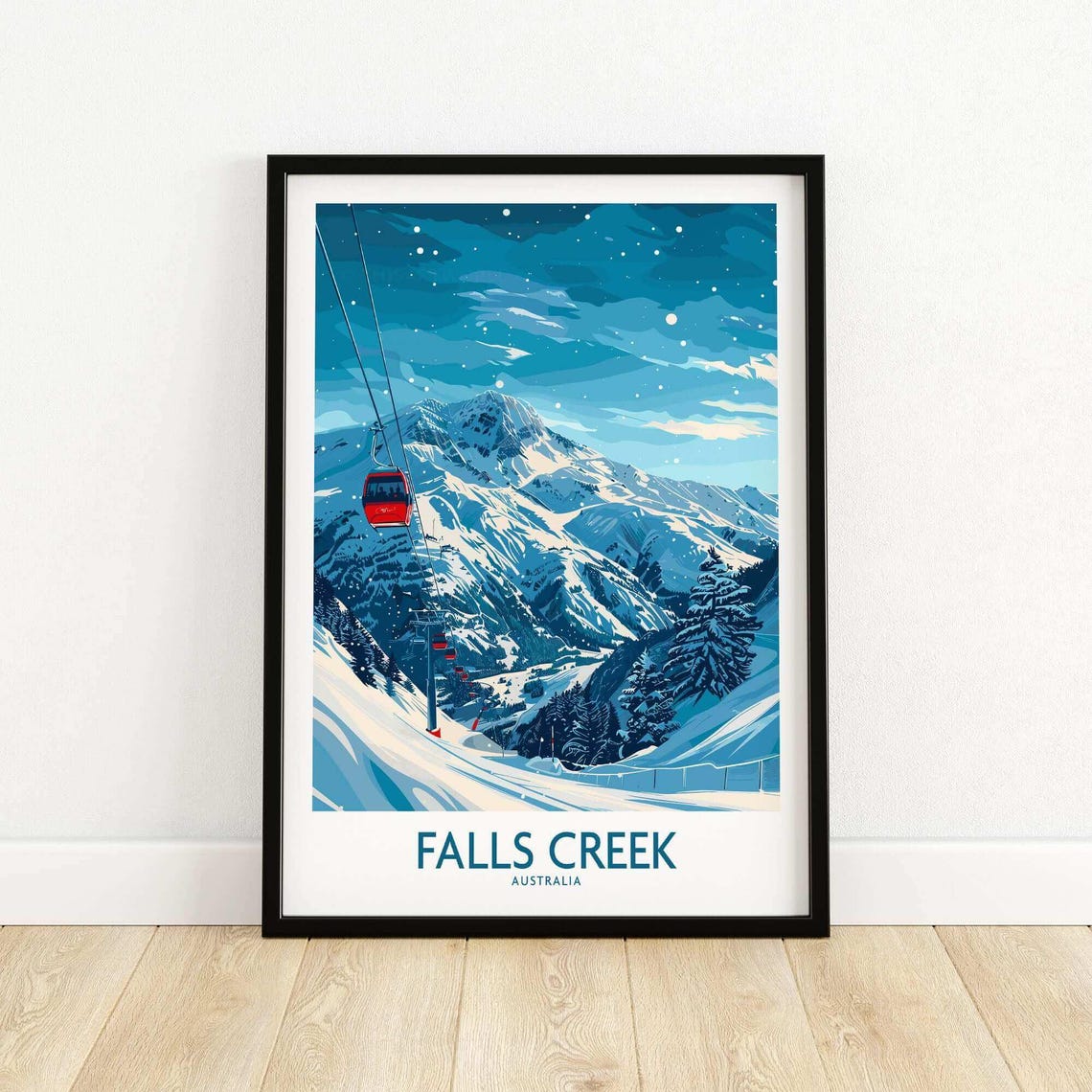 Falls Creek Australia Ski Resort Poster Red Gondola Over Snowy Peaks