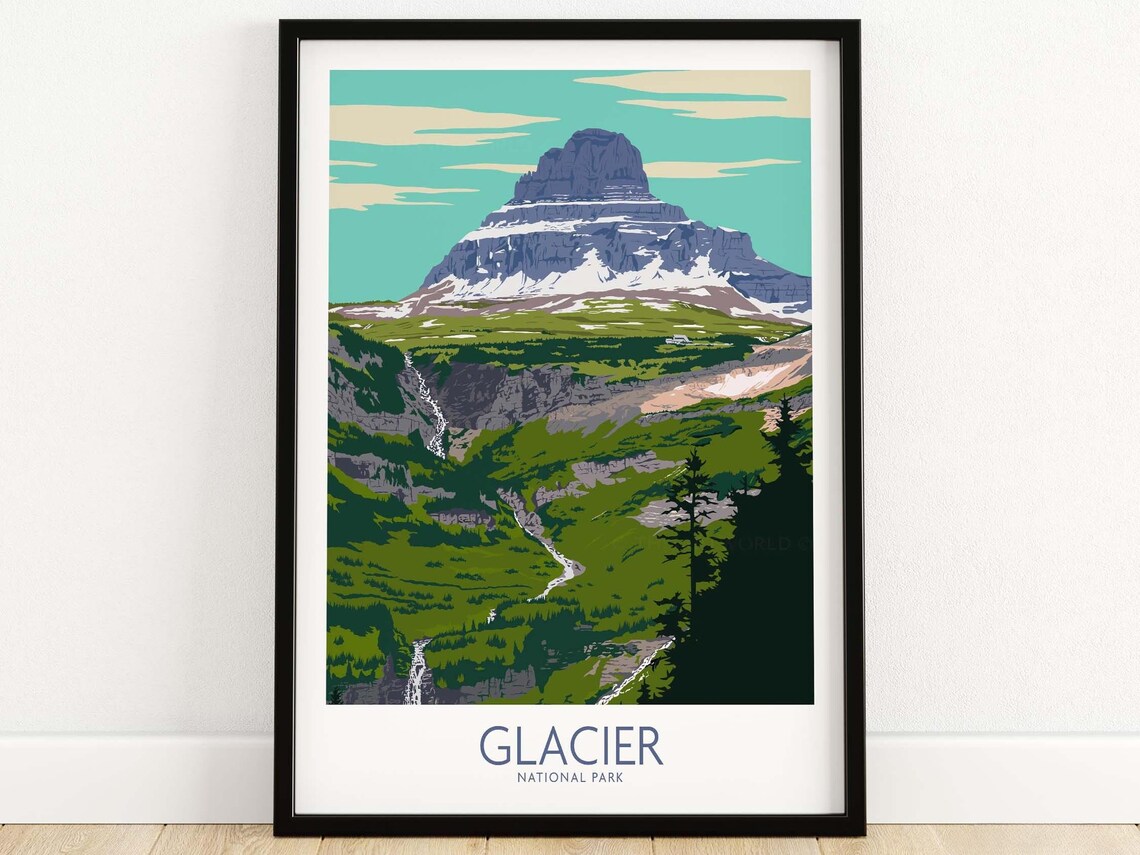 Glacier National Park Montana Snowy Peak Green Valley Art Poster