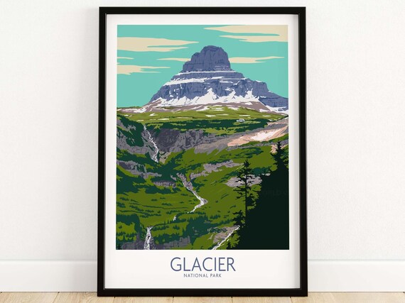 Glacier National Park Montana Snowy Peak Green Valley Art Poster