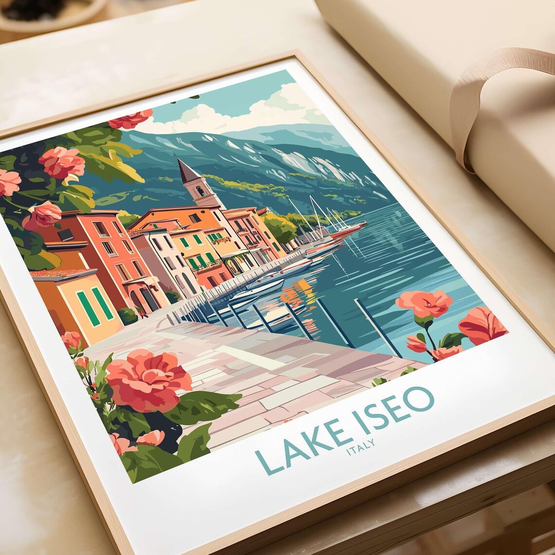 Lake Iseo Italy Lakeside Village Harbor Roses Mountain View Poster
