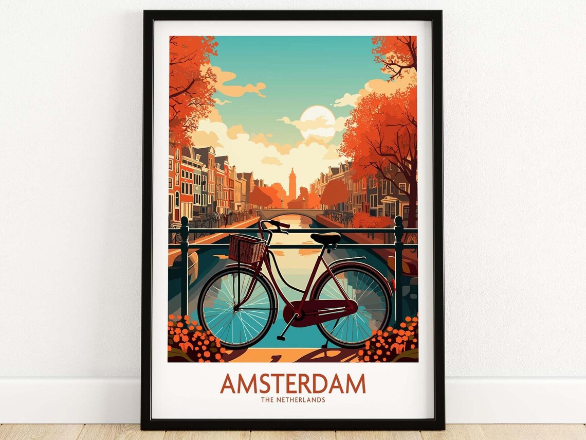 Amsterdam Travel Poster, Bike Illustration Artwork