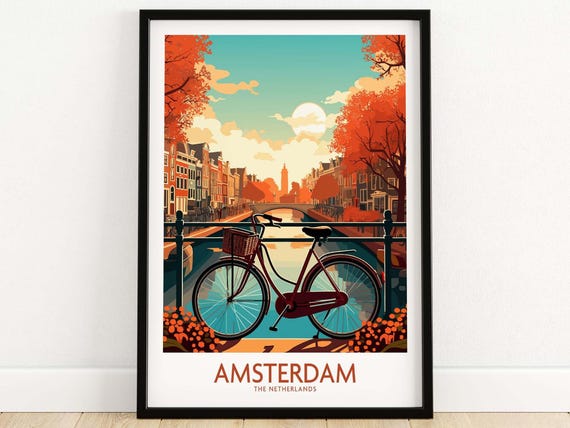 Amsterdam Travel Poster, Bike Illustration Artwork