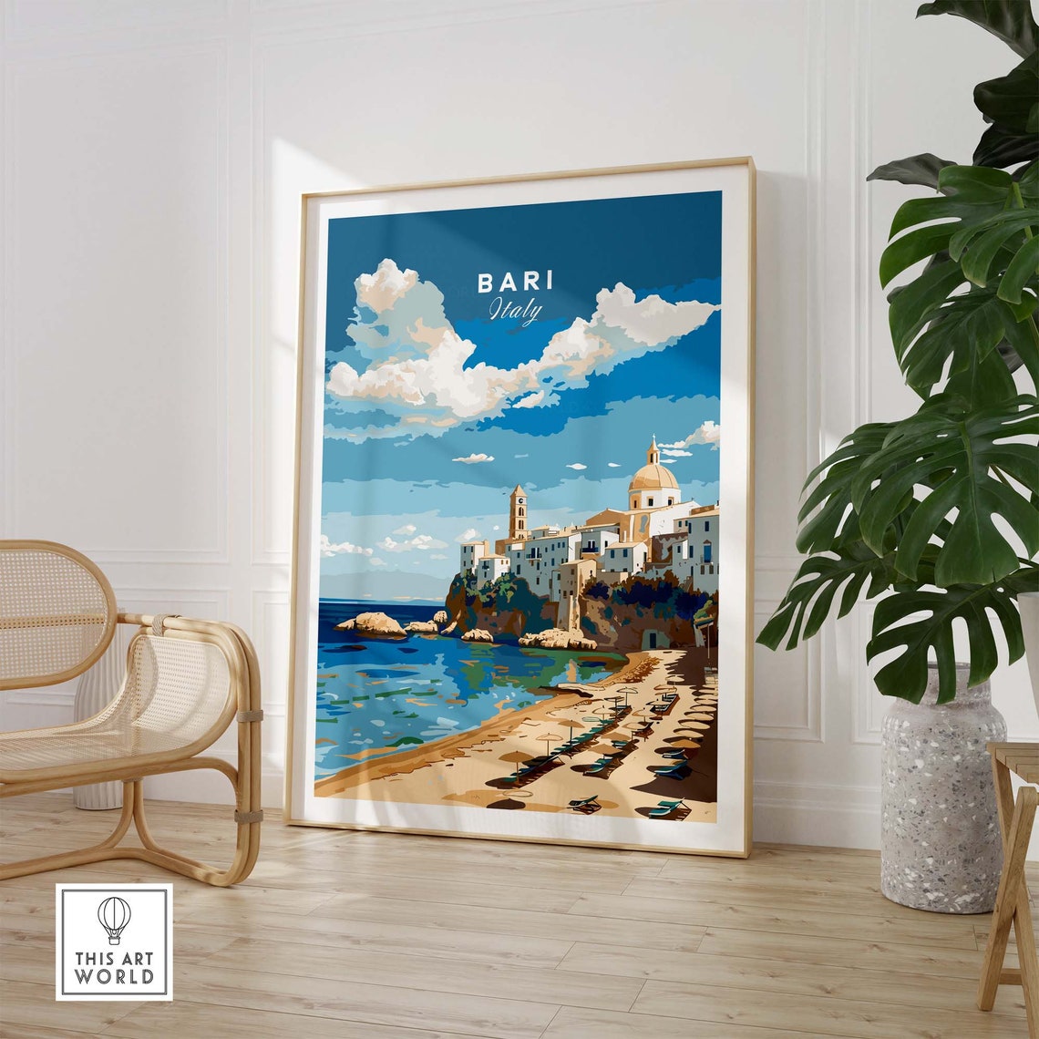 Bari Italy Sandy Beach Old Town Cliff Sun Umbrellas Sea Poster - Image 2