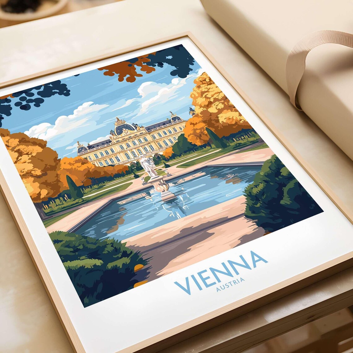 Vienna Austria Palace Gardens Autumn Fountain Retro Travel Poster