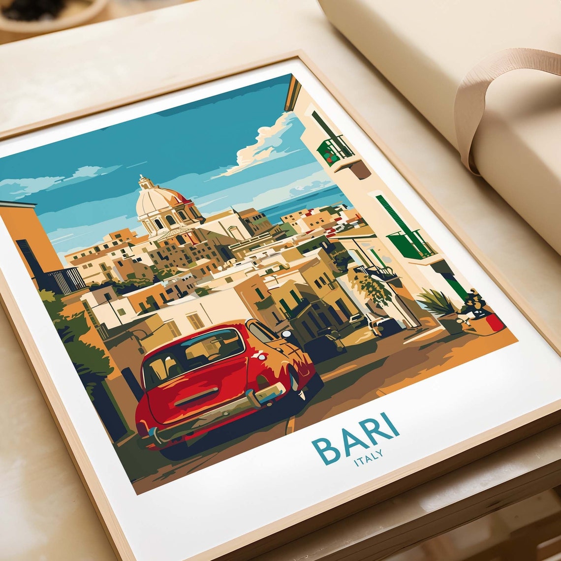 Bari Puglia Old Town Street Vintage Red Car Cathedral View Poster