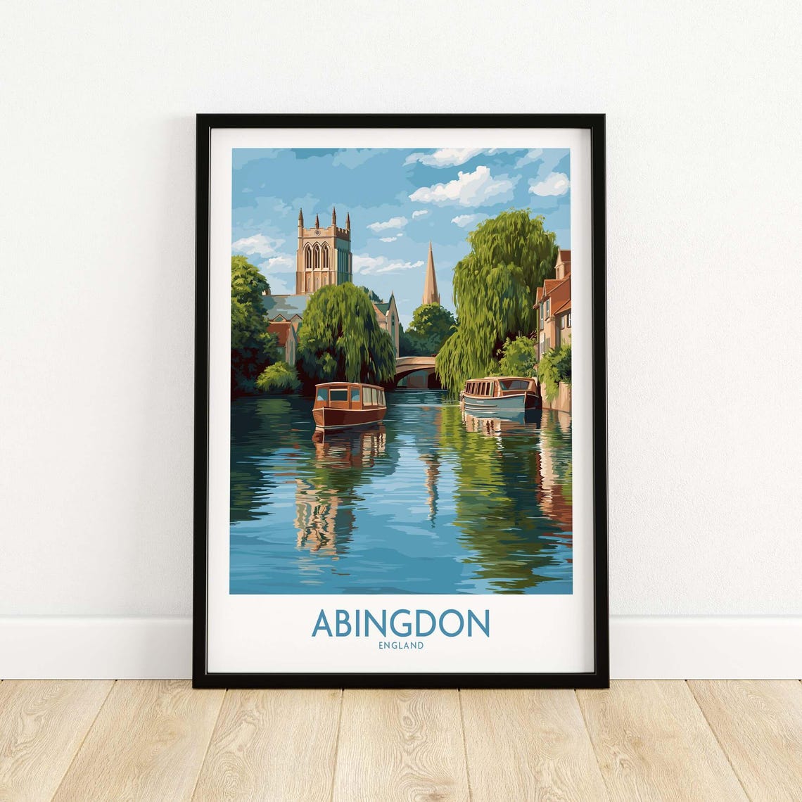 Abingdon England Thames River Boats Picturesque Vintage Travel Poster