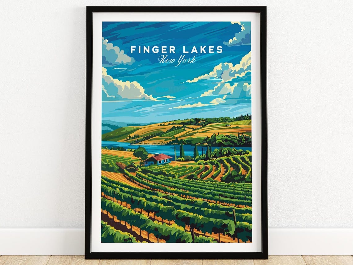 Finger Lakes New York Vineyard Hills Travel Illustration Poster
