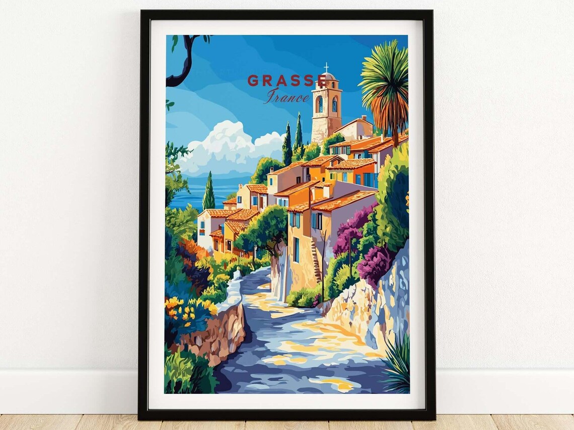 Grasse France Village Street Church Tower Sea View Travel Poster