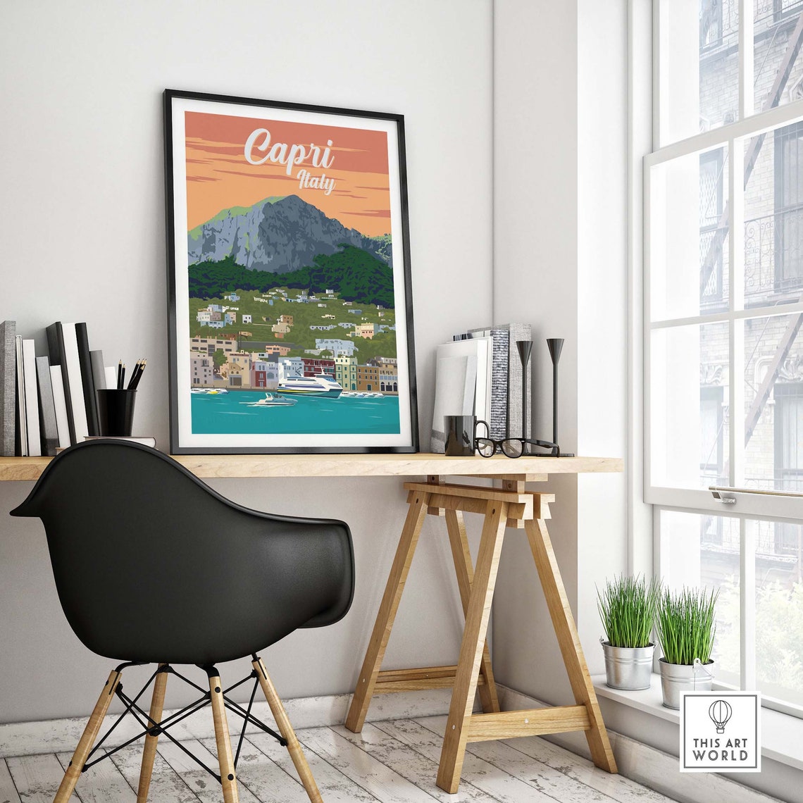 Capri Italy Retro Script Island Harbor Sunset Scenic Art Poster - Image 4