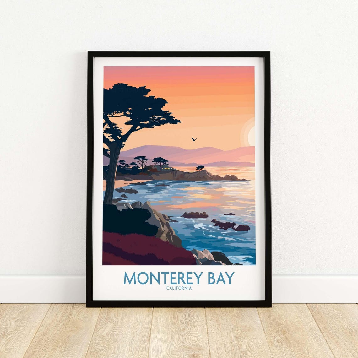 Monterey Bay California Sunset Coastal Cypress Tree Travel Poster