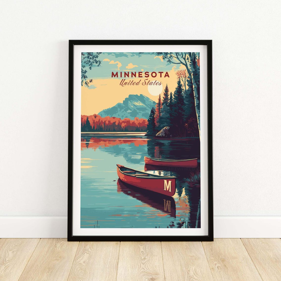 Minnesota Usa Lake Canoe Poster Peaceful Landscape Wall Art Print Gift Lovers Illustration