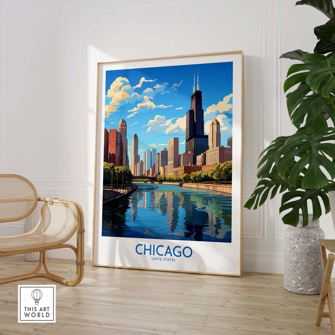Retro Chicago United States Skyline River Reflection Day Poster - Image 3