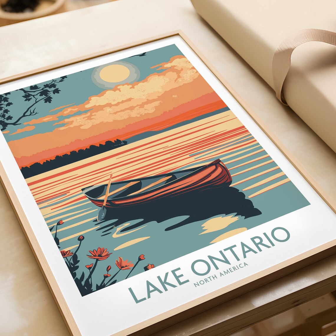 Lake Ontario North America Red Canoe Sunset Lake Travel Poster