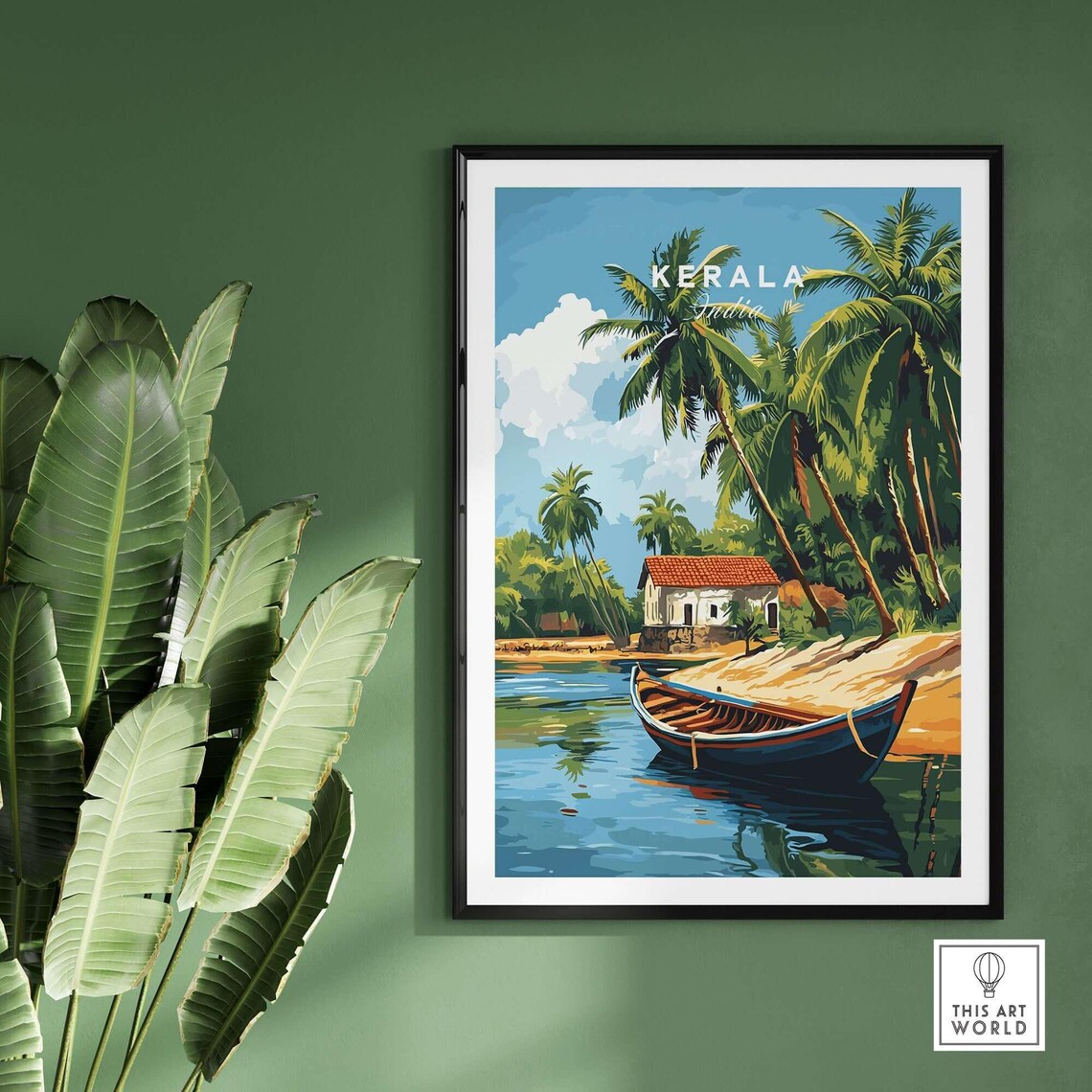 Kerala India Backwaters Palm Trees Wooden Boat Village Shore Poster - Image 2