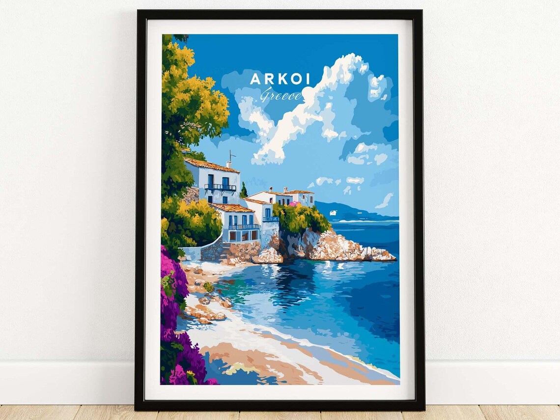 Arkoi Greece White Cliffside Houses Over Blue Sea Seaside Art Poster