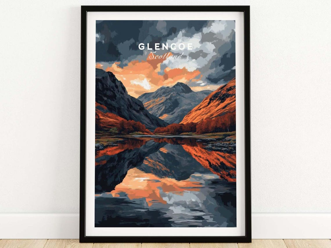 Glencoe Scotland Dramatic Mountain Lake Reflection Travel Poster