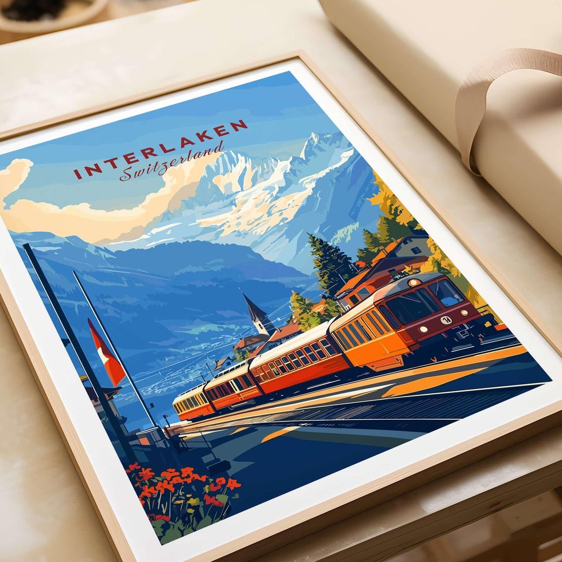 Interlaken Switzerland Alpine Peaks Red Mountain Train Poster - Image 4