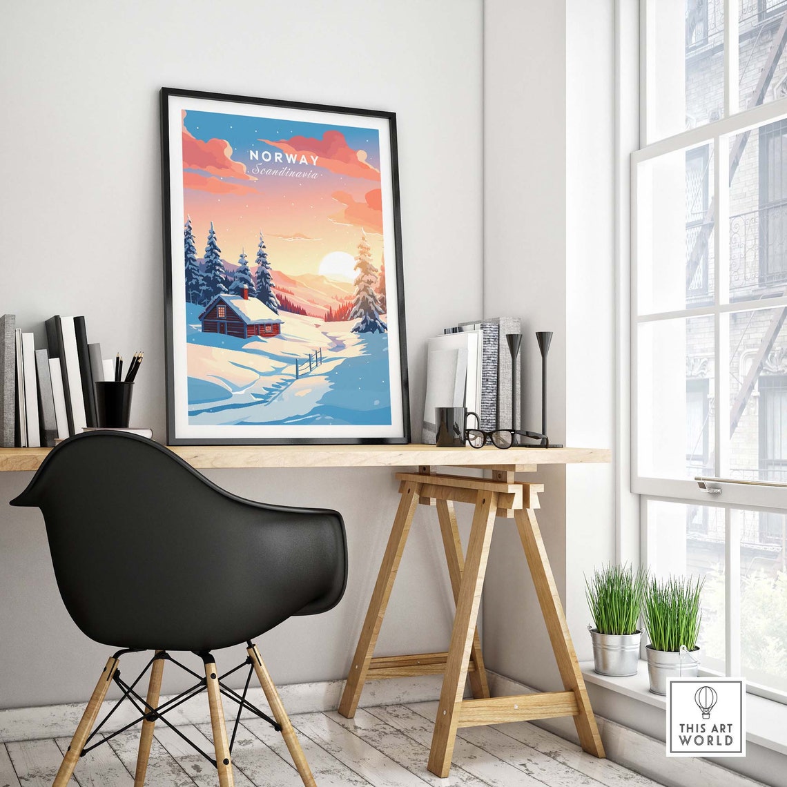 Norway Scandinavia Snowy Cabin Pink Sunrise Winter Art Poster - Image 4