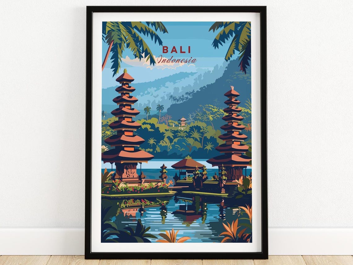 Bali Indonesia Lakeside Temple Towers Water Reflection Poster